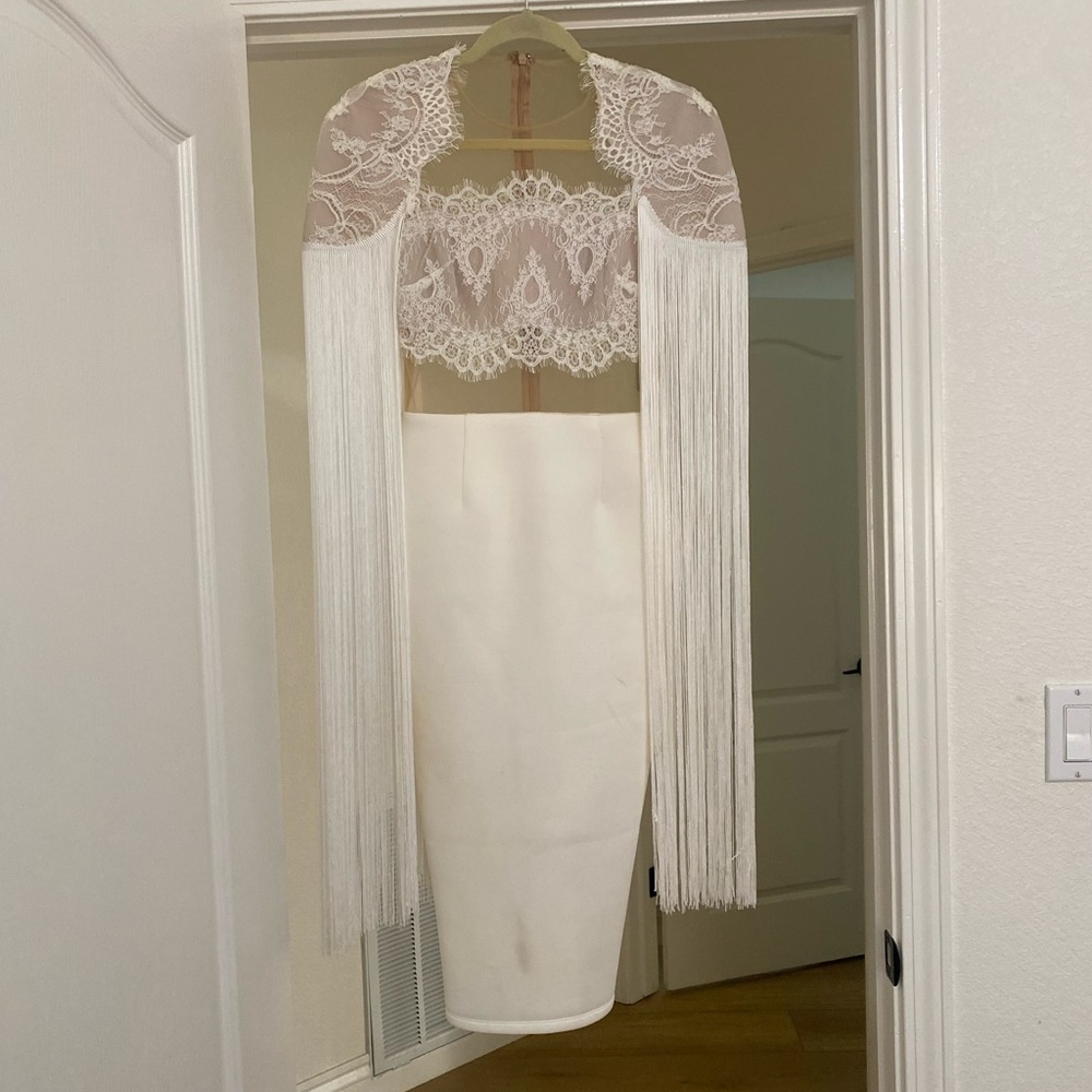 Asos white fringe and lace midi dress